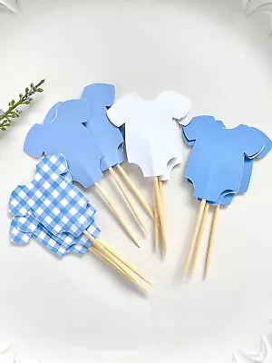 12 Blue Baby Shower Food Picks Gingham Cupcake Toppers Baby Shower Decor • $7.25