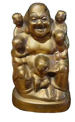 VTG Chinese Rose Brass Laughing Buddha With Children Statue • £36.11