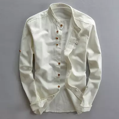 Men Cotton Linen Shirt Male Formal Retro Long Sleeve Mandarin Collar Frog Button • $26.75