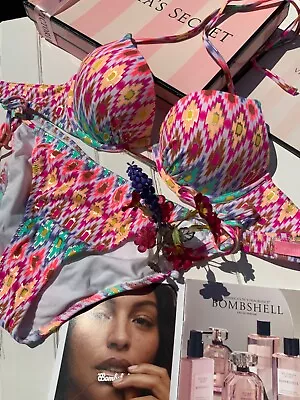 Victoria's Secret  Warm Ikat Bombshell Miraculous Push Up Halter Bikini 34C/M • $129.99