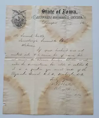 1864 Civil War Request For Dead Soldier's Pay State Of Iowa Adjunct General • $50