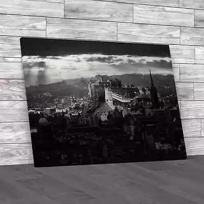 Edinburgh Castle Caught In The Sun Black White Canvas Print Large Picture Wall • £14.95