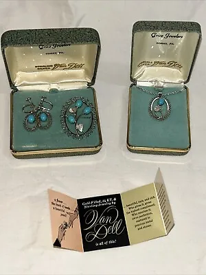 Vintage Van Dell Sterling Silver Set Turquoise Blue Stone W/Leaf Accent Necklace • $99.99