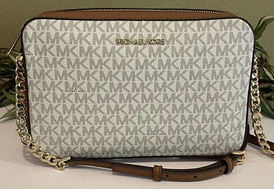 Michael Kors Jet Set Large Zip Ew Crossbody Bag Shoulder Vanilla Signature Logo • $77.99