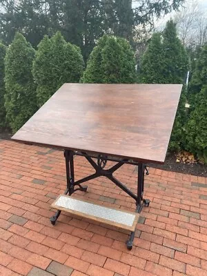 1900's Keuffel & Esser Drafting Table Double Cast Iron Pedestals & Pine Top • $3000