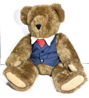 The Vermont Teddy Bear Company 1992 Jointed Brown Plush Bear Blue Vest Red Tie • $24