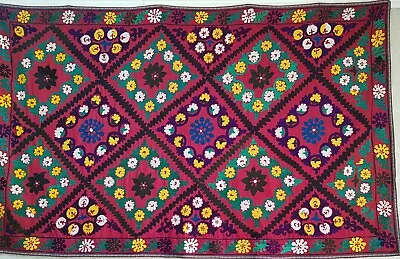  Vintage Suzani FabricUzbek Tapestry Wall Hanginghand Embroidered Bedspread • $188.99