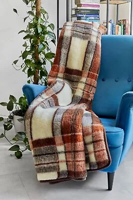 Merino Wool Blanket Throw NATURAL Check Fleece Blanket Woolen Blanket WOOLMARK • £79