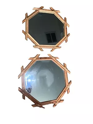 Vintage Set Of 2 Bamboo Framed Octagon Octagonal Mirrors MCM Mid Century Modern • $59.99