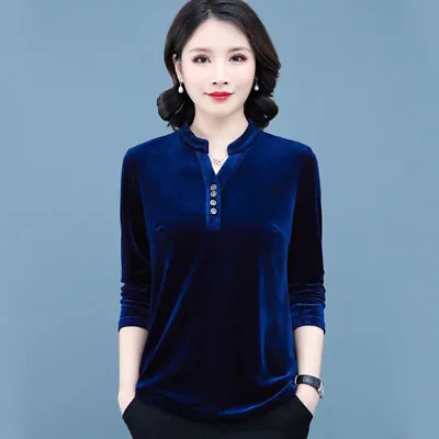 Lady Velvet Shirts Tops Loose V Neck Blouse T-shirts Casual Long Sleeve Vintage • £25.19