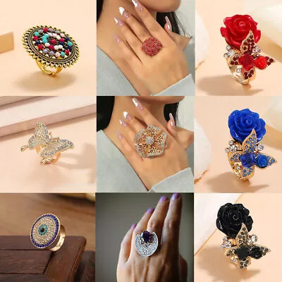 Vintage Indian Big Flower Open Ring Fashion Inlaid Zircon Jewelry Gift For Women • $3.65