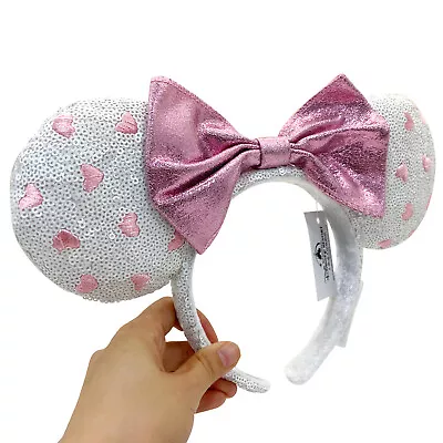 DisneyParks White Sequin Pink Heart Minnie Mouse Bow Sequins Ears Headband Ears • $13.20