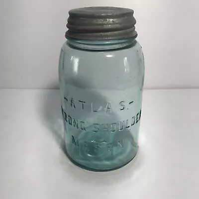 Vintage Atlas Strong Shoulder Blue Glass Mason Jar Quart  W/Zinc Lid -ATLAS- • $7.95