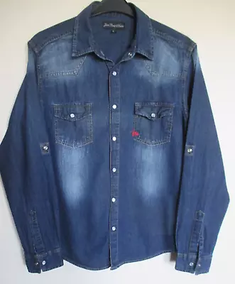 £9.99 • Buy Vtg Jean Louis Scherrer Blue Denim Western Shirt Pearl Snap Buttons Size L Large