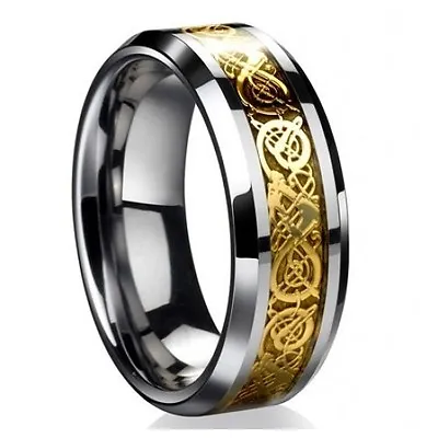 8MM Tungsten Carbide Gold Celtic Dragon Inlay Men's Ring Wedding Band Size 7-13 • $19.99