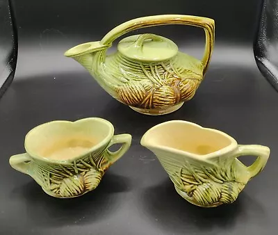 McCoy Pottery Green Brown Pine Cone Tea Set; Tea Pot Creamer & Sugar  • $42.99