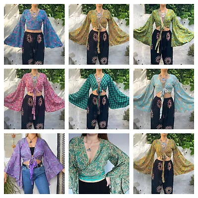 15 Pcs Lot Of Indian Vintage Silk Sari Bell Sleeve Crop Top Retro 60s Clothing • $119.75