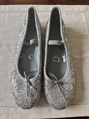 CHIARA FERRAGNI Glitter Silver Flats Shoes Size 37 Ballerina Metallic Mary Jane • $38.50