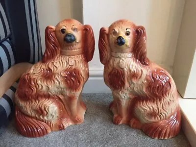 Antique Pair Of Staffordshire Flat Back Mantle Piece Wally Dogs In Cream & Brown • £110