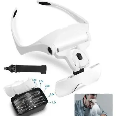 Magnifier Glass Magnifying Headset 2 LED Light Head Headband 5 Lens With Box UK • £11.80