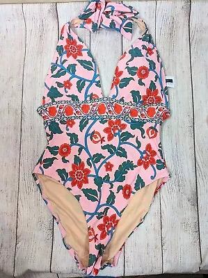 J.Crew Halter One-Piece Swimsuit Floral Block Retro Print Deep V-Neck SIZE 8 • $22.99
