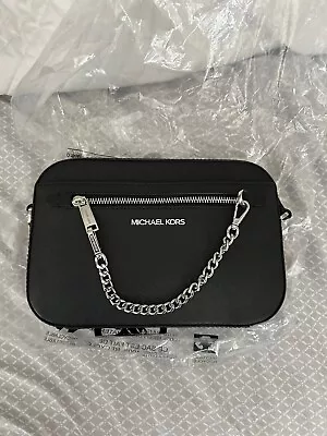 Michael Kors Jet Set Large EW Black Signature PVC Zip Chain Crossbody Bag Purse • $65