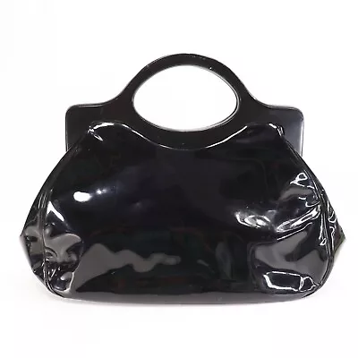 Vtg LEWIS Handbag L Retro Black Patent Leather Purse Lined Satchel Hinge Pocket • $89.95