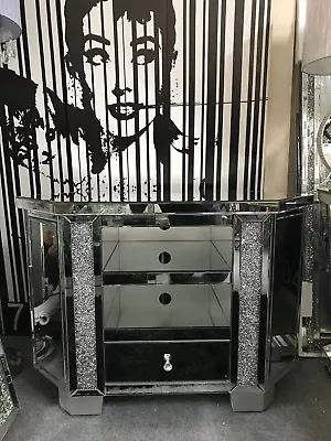 Mirror Glass Corner TV Cabinet With Crushed Crystal Sparkle Tall Corner TV Unit • £383.47