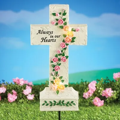  Always In Our Hearts  Memorial Cross Staked Statue W/ Solar Lighted Pink Roses • $32.99