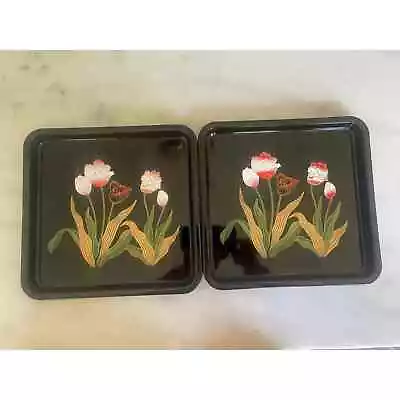 Vintage Japanese Black Lacquered Trays 2 Pcs Red White Tulips. Serving Tray • $10