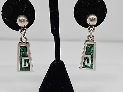 Vintage Taxco Sterling Silver Mosaic Malachite Inlay Tribal Dangle Earrings. • $23.99