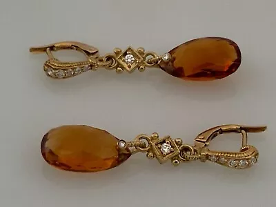 Judith Ripka 18k Yellow Gold Diamond Citrine Teardrop Dangle Earrings • $1150