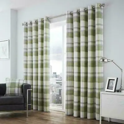 Green Tartan Check Curtains Balmoral Lined Eyelet Top Ring Top Curtains Pair • £28.99