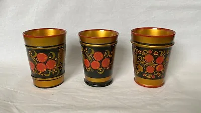 Set Of 3 Vintage Hand Painted Russian Khokhloma Wooden Lacquer Cup Made In USSR • $14.50