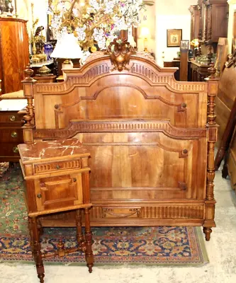 French Antique Carved Walnut Henry II Bedroom Set Full Size Bed & Nightstand • $2800