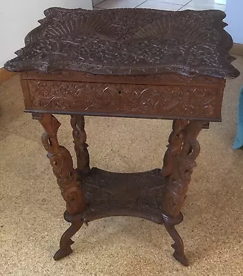 Vintage Hand Carved Sewing Supplies Table • $1500