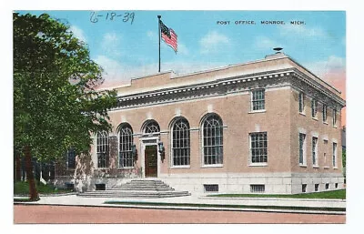 Monroe Michigan MI Postcard Post Office • $2.99