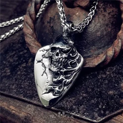 Mens Guitar Pick Dark Skull Pendant Stainless Steel Rock Necklace Fast Shipping • $14.99