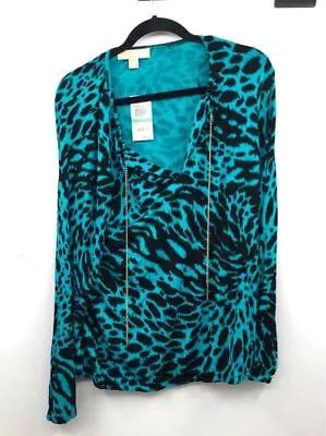 Michael Kors Womens Blue Black Leopard Print Tie Neck Pullover Blouse Top Size L • $7.99