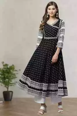 Indian Women Black Cotton Anarkali Kurta Kurti Long Designers Dress S To 5-XL • $51.69