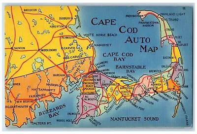 1939 Driving Distances Cape Cod Auto Map Route Provinces Hyannis MA Postcard • $14.98