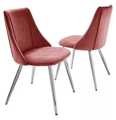 Pink Velvet Dining Chairs Upholstered With Tapered Chrome Legs Set Of Two • £79.99