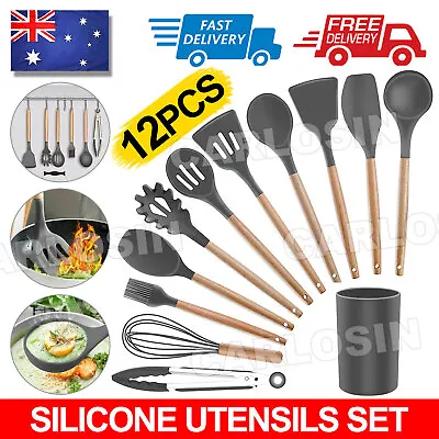 $25.95 • Buy Set Of 12 Silicone Utensils Set Wooden Cooking Kitchen Baking Cookware AU