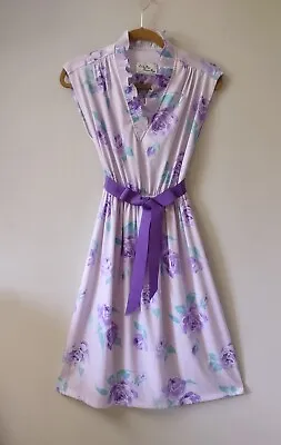 Vintage 70's Lady Page Susan Page Lavender Roses Accordion Ruffle Day Dress S • $16.99