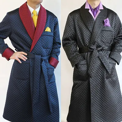 Men Quilted Robe Vintage Smoking Dressing Gown Cotton Jacket Long Bathrobes Coat • $107.50