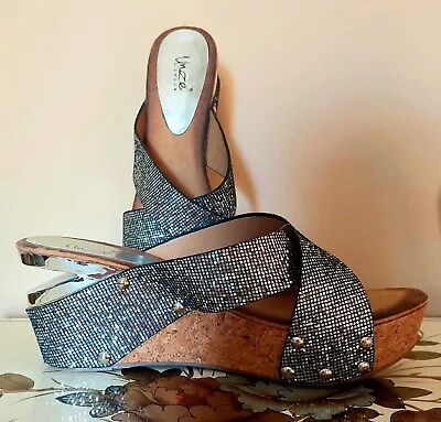 NEW Unze London Cut Out Wedge Glam Silver Snakeskin Sequin Shoes Size 6 • £19.99