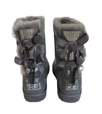 Ugg Bailey Button Bling Bow Grey Gray Boot Us 7 / Eu 38 / Uk 5.5 • $189