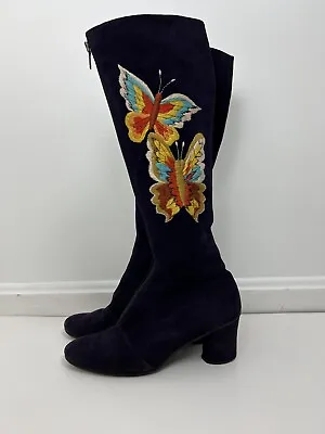 $1200 • Buy JERRY EDOUARD Vintage Purple Suede Butterfly Embroidered Zip GoGo Boots Size 5.5