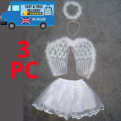 Kids Girls Dress Up Fairy Angel Costume Wings Headband White Tutu Skirt  UK  531 • £9.99