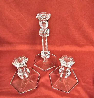$129 • Buy 3 VAL ST. LAMBERT CANDLESTICKS Hexagon Base Vintage Crystal - MINT